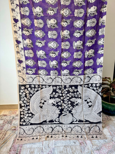 Kalamkari - Printed Bangalore Silk Saree- purple