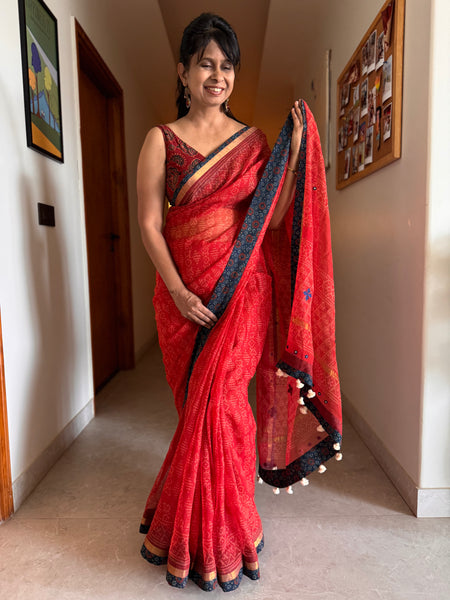 Best Seller - Embroidered pallu & inner side patchwork border- kota doria saree