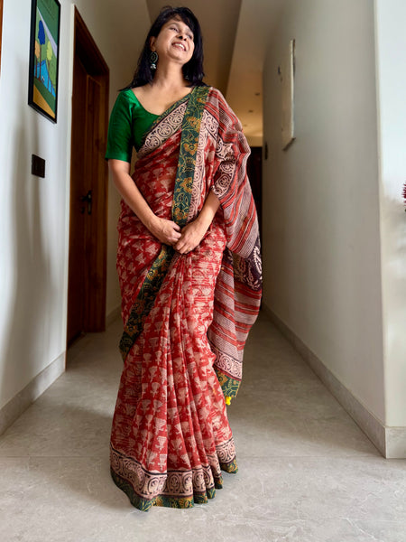 Embroidered pallu & patchwork border- kota doria saree