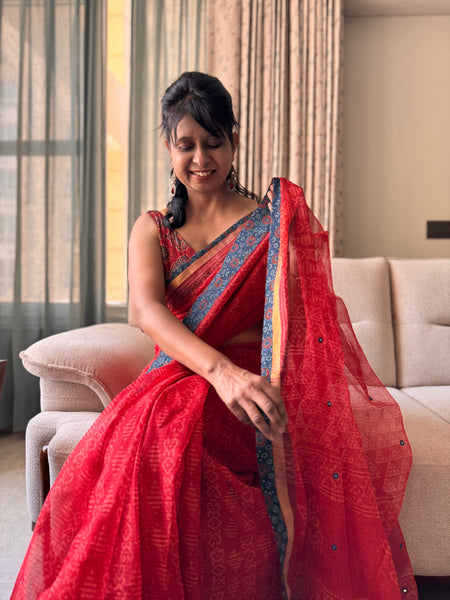 Best Seller - Embroidered pallu & inner side patchwork border- kota doria saree