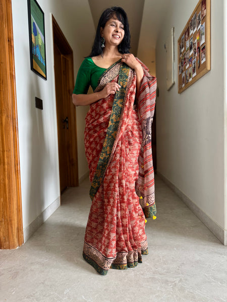 Embroidered pallu & patchwork border- kota doria saree