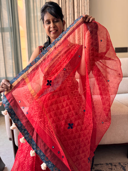 Best Seller - Embroidered pallu & inner side patchwork border- kota doria saree