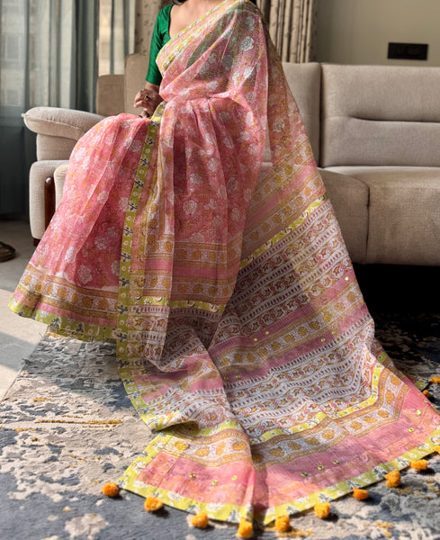Embroidered pallu & patchwork border- kota doria saree