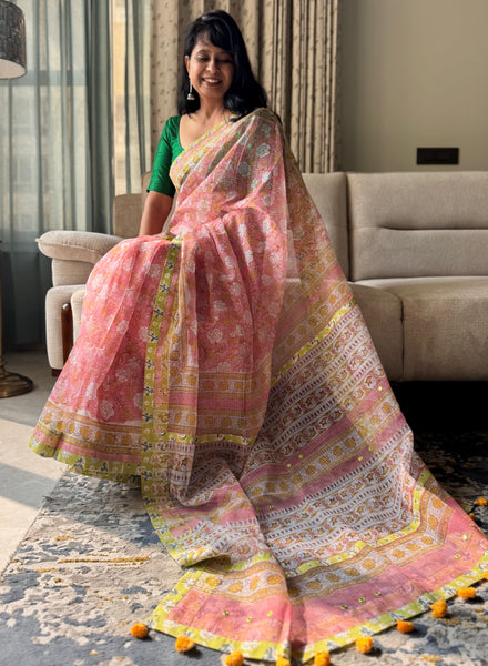 Embroidered pallu & patchwork border- kota doria saree