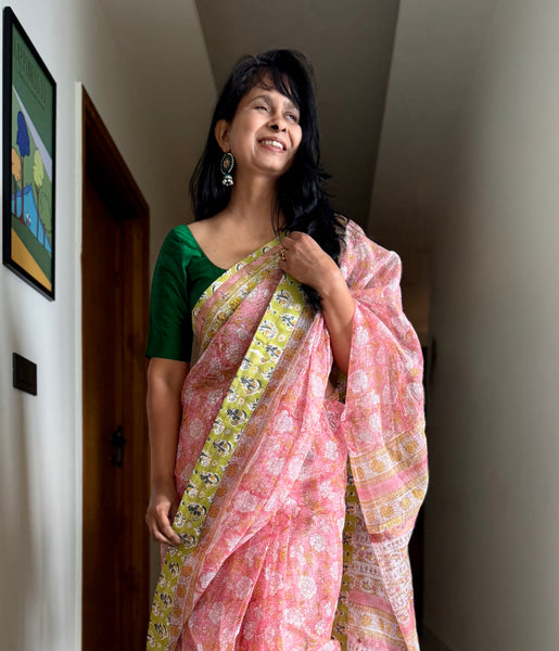 Embroidered pallu & patchwork border- kota doria saree