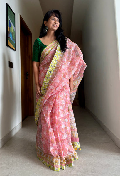 Embroidered pallu & patchwork border- kota doria saree