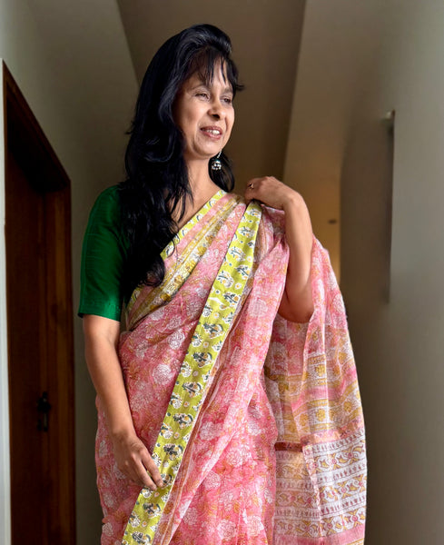 Embroidered pallu & patchwork border- kota doria saree