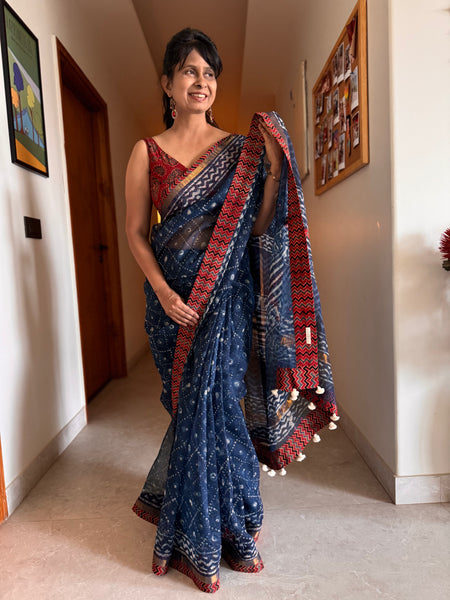 Best Seller Indigo -Embroidered pallu & patchwork inner border- kota doria saree - Lines BORDER