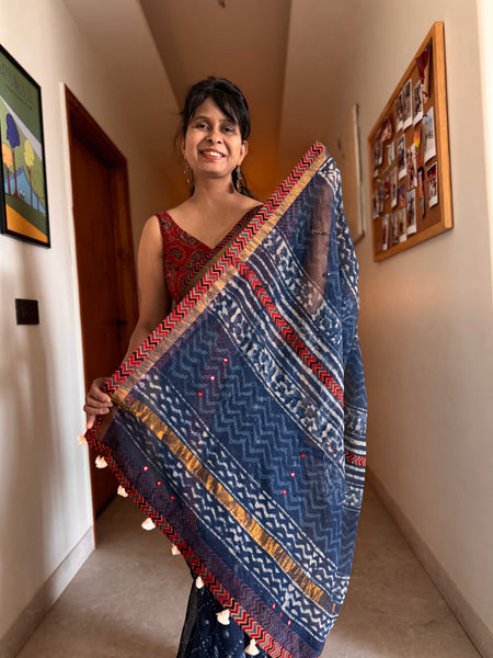 Best Seller Indigo -Embroidered pallu & patchwork inner border- kota doria saree - Lines BORDER