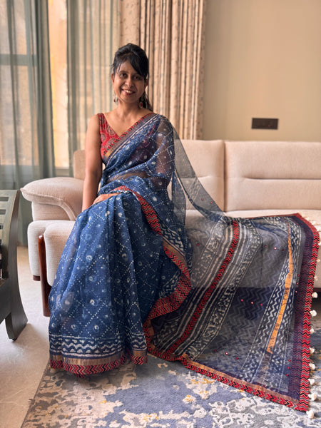 Best Seller Indigo -Embroidered pallu & patchwork inner border- kota doria saree - Lines BORDER