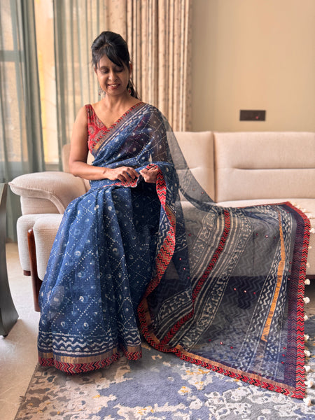 Best Seller Indigo -Embroidered pallu & patchwork inner border- kota doria saree - Lines BORDER