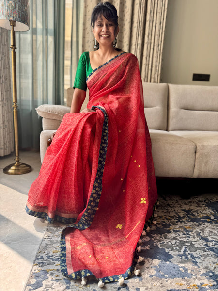 Best Seller -Embroidered pallu & patchwork border- Red kota doria saree - BOOTI BORDER