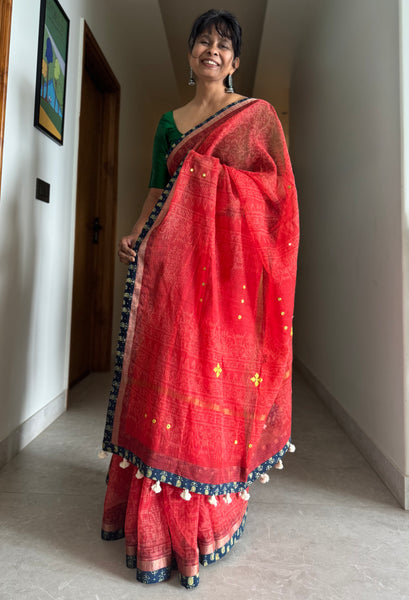 Best Seller -Embroidered pallu & patchwork border- Red kota doria saree - BOOTI BORDER