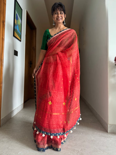 Best Seller -Embroidered pallu & patchwork border- Red kota doria saree - BOOTI BORDER