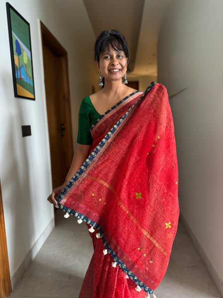 Best Seller -Embroidered pallu & patchwork border- Red kota doria saree - BOOTI BORDER