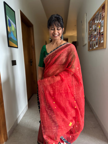 Best Seller -Embroidered pallu & patchwork border- Red kota doria saree - BOOTI BORDER