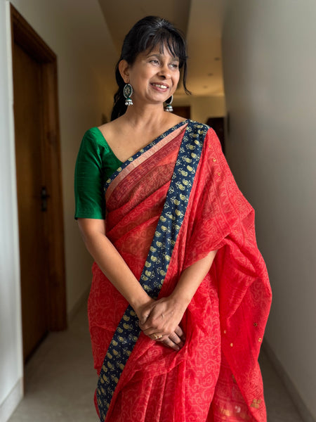 Best Seller -Embroidered pallu & patchwork border- Red kota doria saree - BOOTI BORDER