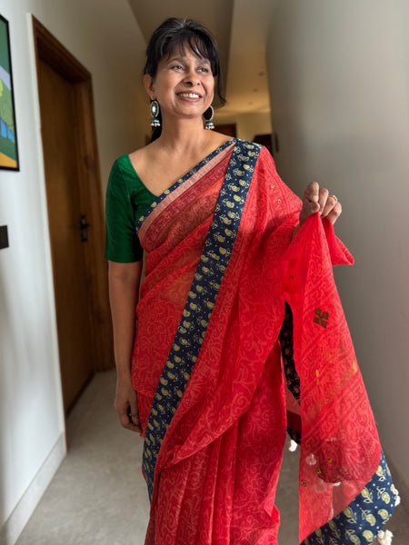 Best Seller -Embroidered pallu & patchwork border- Red kota doria saree - BOOTI BORDER