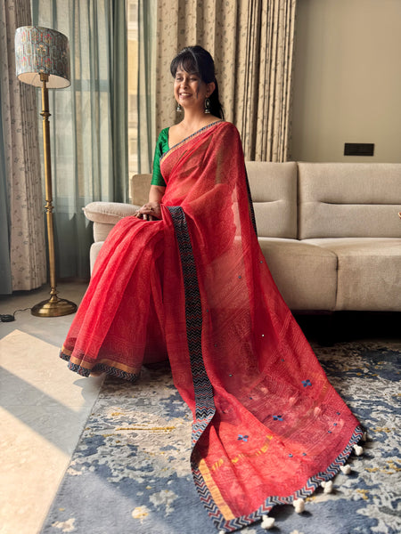 Best Seller -Embroidered pallu & patchwork border- Red kota doria saree - LINES BORDER