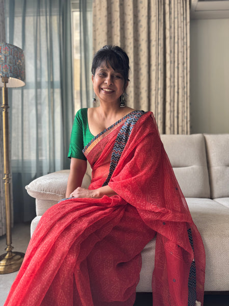 Best Seller -Embroidered pallu & patchwork border- Red kota doria saree - LINES BORDER