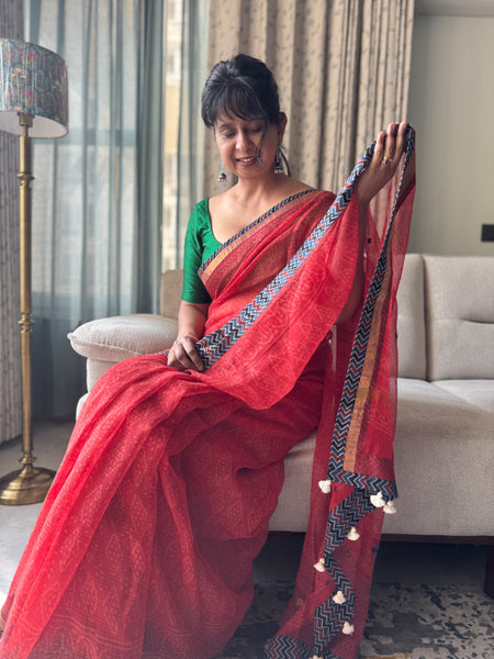 Best Seller -Embroidered pallu & patchwork border- Red kota doria saree - LINES BORDER