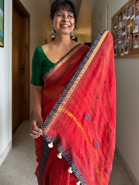 Best Seller -Embroidered pallu & patchwork border- Red kota doria saree - LINES BORDER