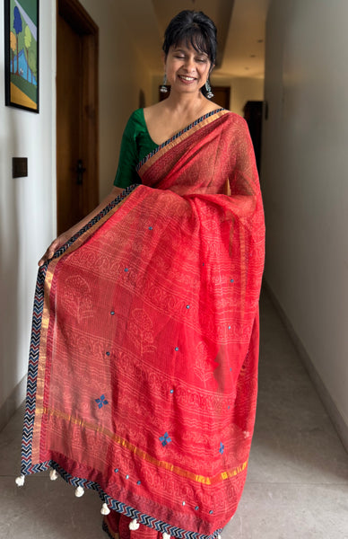 Best Seller -Embroidered pallu & patchwork border- Red kota doria saree - LINES BORDER