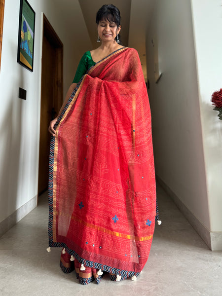 Best Seller -Embroidered pallu & patchwork border- Red kota doria saree - LINES BORDER