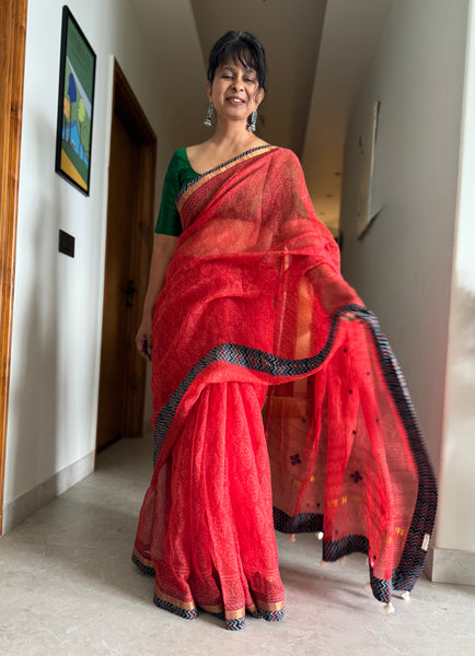 Best Seller -Embroidered pallu & patchwork border- Red kota doria saree - LINES BORDER