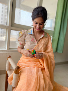 Handloom Linen peach saree