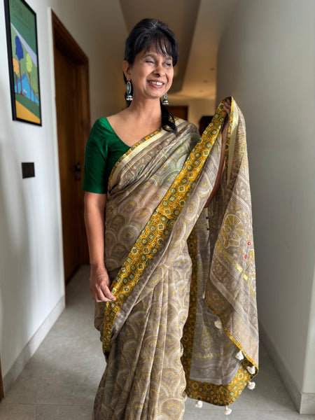 Embroidered pallu & patchwork border- kota doria saree