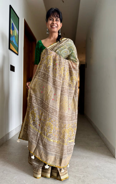 Embroidered pallu & patchwork border- kota doria saree