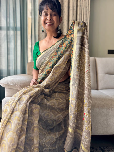 Embroidered pallu & patchwork border- kota doria saree
