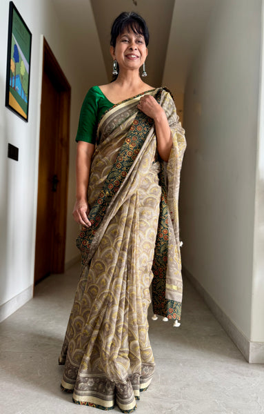 Embroidered pallu & patchwork border- kota doria saree