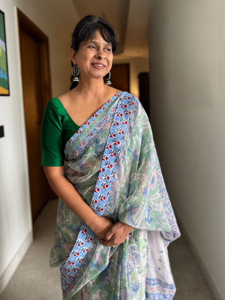 Embroidered pallu & patchwork border- kota doria saree