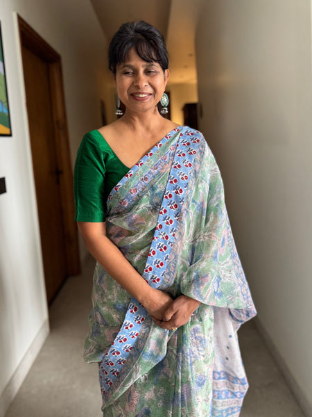 Embroidered pallu & patchwork border- kota doria saree