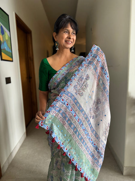 Embroidered pallu & patchwork border- kota doria saree