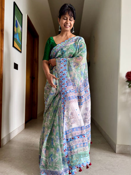 Embroidered pallu & patchwork border- kota doria saree