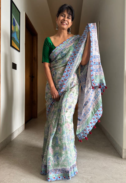 Embroidered pallu & patchwork border- kota doria saree