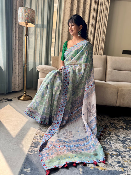 Embroidered pallu & patchwork border- kota doria saree