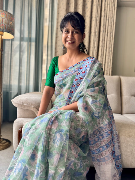 Embroidered pallu & patchwork border- kota doria saree