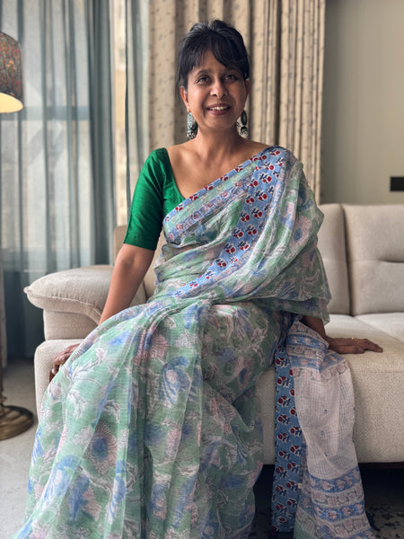 Embroidered pallu & patchwork border- kota doria saree