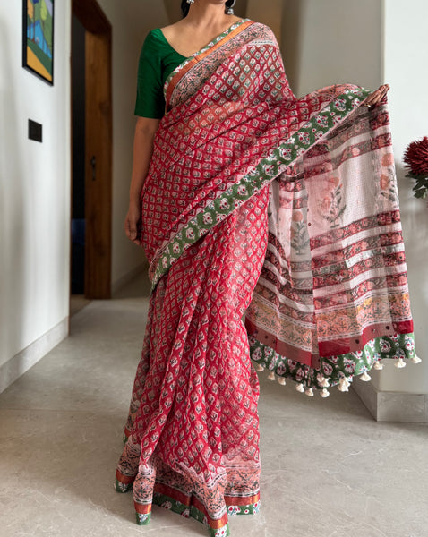 Embroidered pallu & patchwork border- kota doria saree