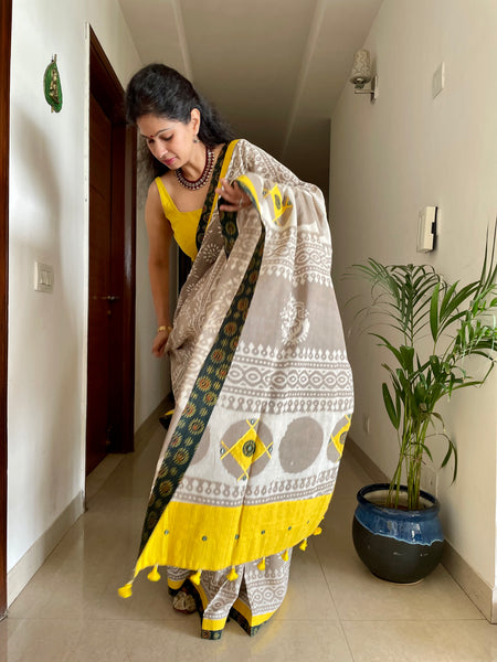 Dabu Mul cotton hand block printed saree with Embroidery and ajrakh patchwork