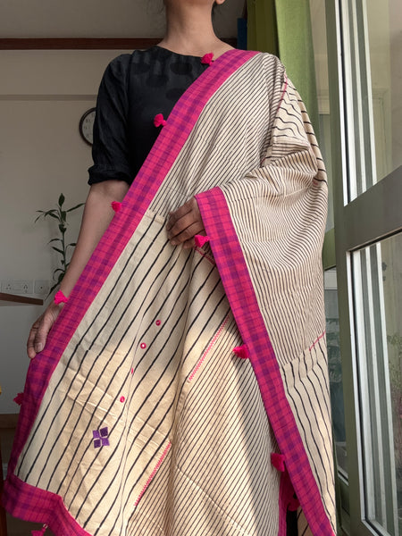 Embroidered Patchwork stole / dupatta with tassels on 4 sides