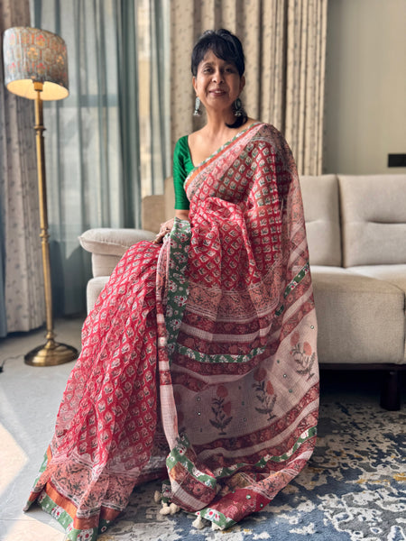 Embroidered pallu & patchwork border- kota doria saree