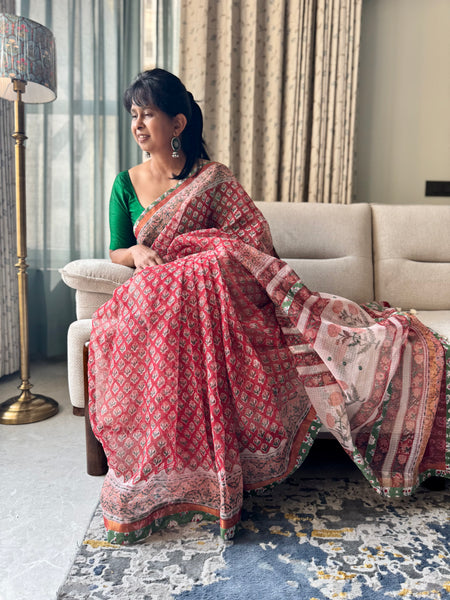 Embroidered pallu & patchwork border- kota doria saree