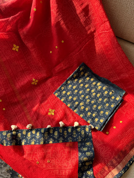 Best Seller -Embroidered pallu & patchwork border- Red kota doria saree - BOOTI BORDER