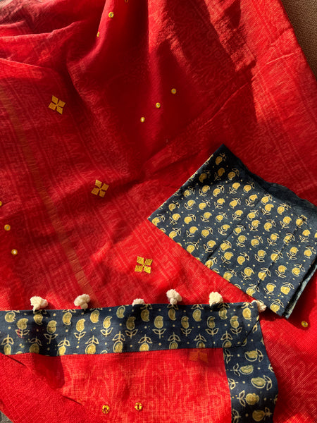 Best Seller -Embroidered pallu & patchwork border- Red kota doria saree - BOOTI BORDER