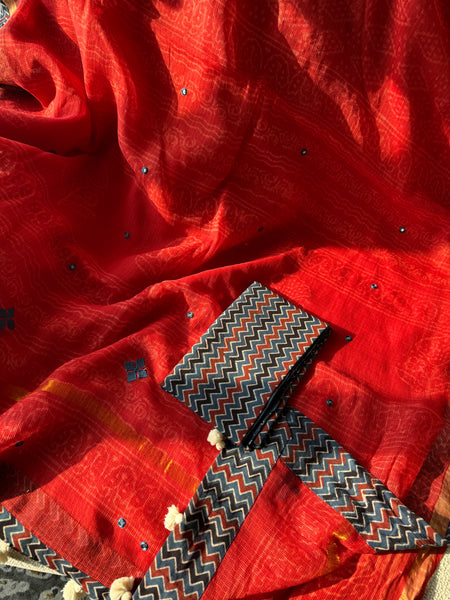 Best Seller -Embroidered pallu & patchwork border- Red kota doria saree - LINES BORDER